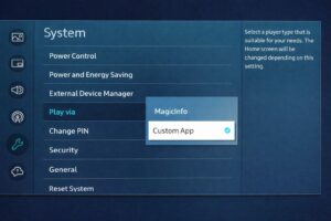DigitalSkiltingTM på Samsung Tizen skjerm – oppsett via Systeminnstillinger og Play via Custom App